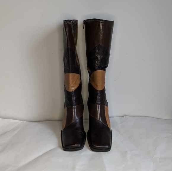 Vintage Brown Patchwork Y2K/90s Block Heel Boots - Picture 3 of 8